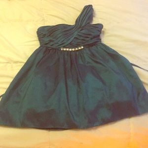 Duochrome teal one shoulder diamond accent dress